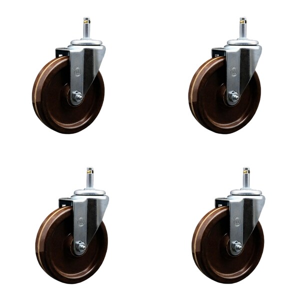 5'' High Temp Phenolic Wheel Swivel 7/16'' Grip Ring Stem Caster Set, 4PK